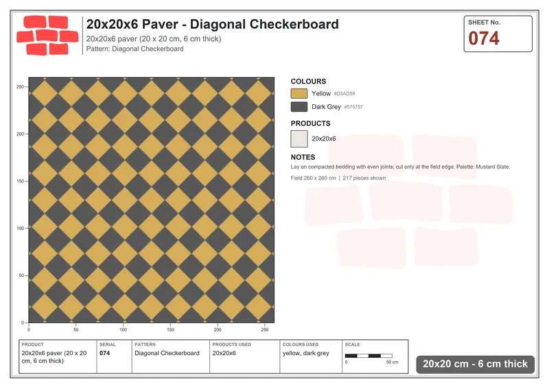 Interlock (Pasco) 20x20 cm · SQ22-74 · Diagonal Checkerboard · Laying plan Interlock (Pasco) 20x20 cm · SQ22-74 · Diagonal Checkerboard · Laying plan