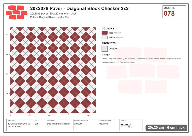 Interlock (Pasco) 20x20 cm · SQ22-78 · Diagonal Block Checker 2x2 · Laying plan Interlock (Pasco) 20x20 cm · SQ22-78 · Diagonal Block Checker 2x2 · Laying plan
