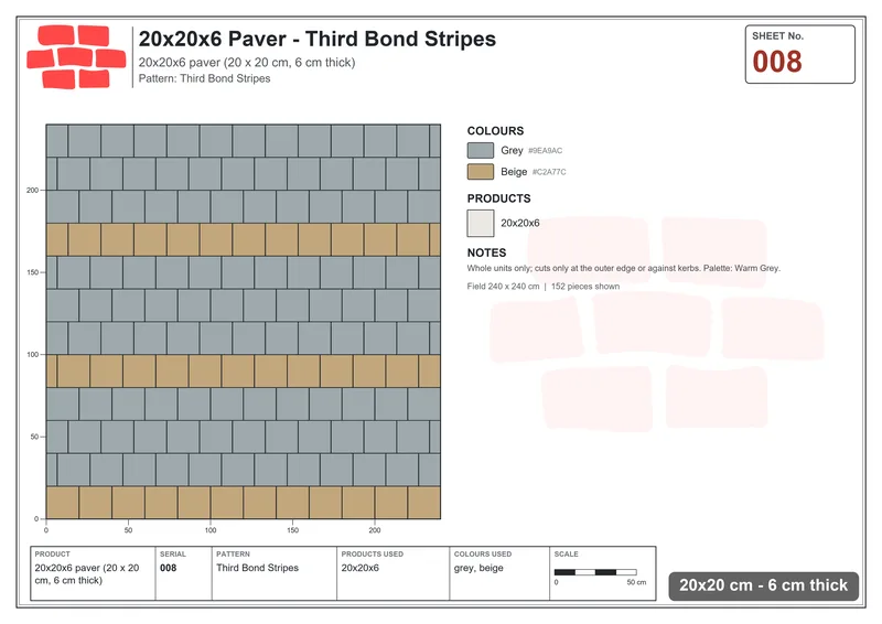Interlock (Pasco) 20x20 cm · SQ22-8 · Third Bond Stripes · Laying plan Interlock (Pasco) 20x20 cm · SQ22-8 · Third Bond Stripes · Laying plan