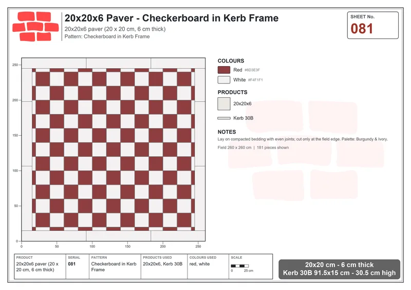 Interlock (Pasco) 20x20 cm · SQ22-81 · Checkerboard in Kerb Frame · Laying plan Interlock (Pasco) 20x20 cm · SQ22-81 · Checkerboard in Kerb Frame · Laying plan