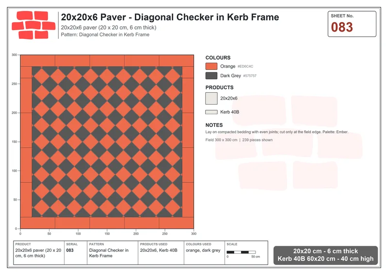 Interlock (Pasco) 20x20 cm · SQ22-83 · Diagonal Checker in Kerb Frame · Laying plan Interlock (Pasco) 20x20 cm · SQ22-83 · Diagonal Checker in Kerb Frame · Laying plan