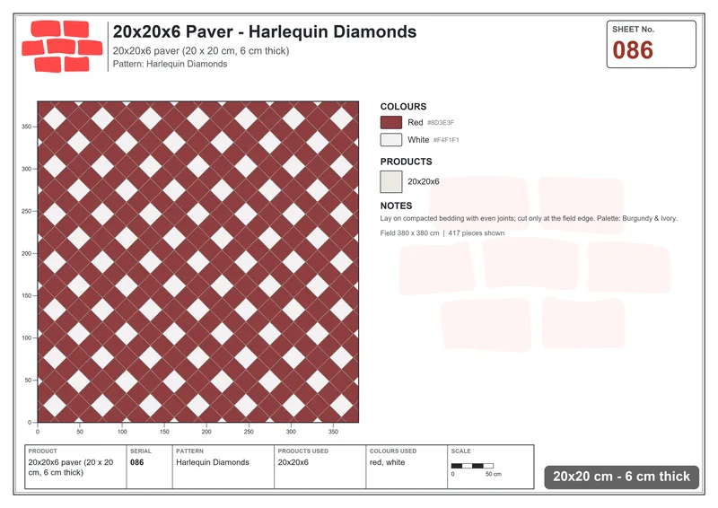 Interlock (Pasco) 20x20 cm · SQ22-86 · Harlequin Diamonds · Laying plan Interlock (Pasco) 20x20 cm · SQ22-86 · Harlequin Diamonds · Laying plan