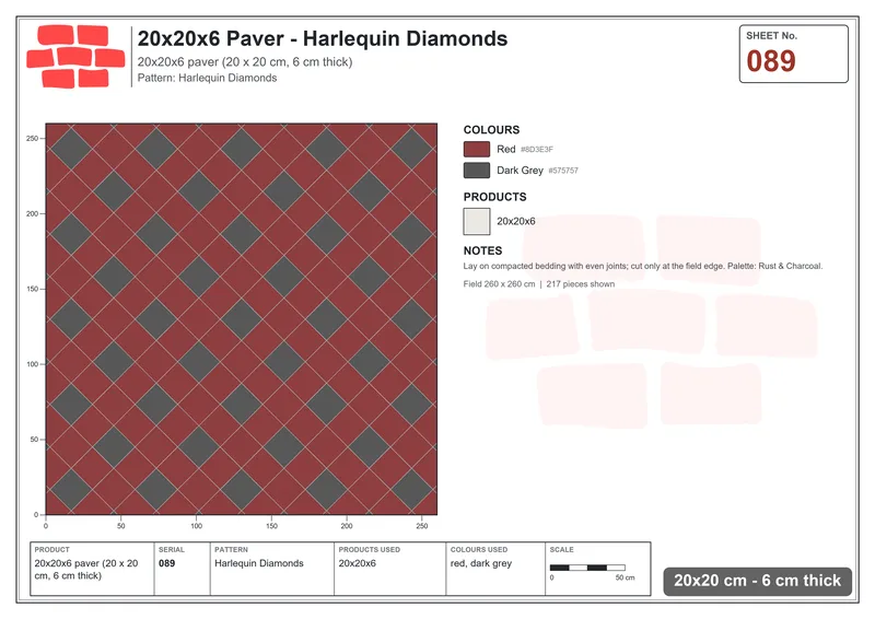 Interlock (Pasco) 20x20 cm · SQ22-89 · Harlequin Diamonds · Laying plan Interlock (Pasco) 20x20 cm · SQ22-89 · Harlequin Diamonds · Laying plan