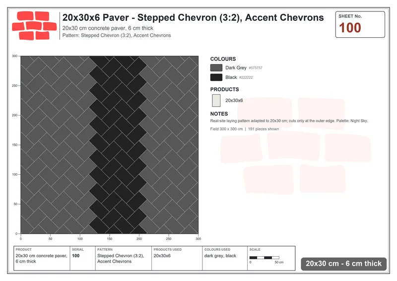 Interlock (Pasco) 20x30 cm · RC23-100 · Stepped Chevron (3:2), Accent Chevrons · Laying plan Interlock (Pasco) 20x30 cm · RC23-100 · Stepped Chevron (3:2), Accent Chevrons · Laying plan