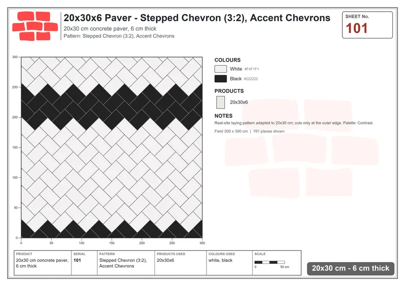 Interlock (Pasco) 20x30 cm · RC23-101 · Stepped Chevron (3:2), Accent Chevrons · Laying plan Interlock (Pasco) 20x30 cm · RC23-101 · Stepped Chevron (3:2), Accent Chevrons · Laying plan
