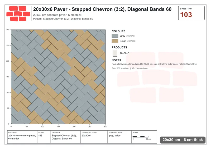 Interlock (Pasco) 20x30 cm · RC23-103 · Stepped Chevron (3:2), Diagonal Bands 60 · Laying plan Interlock (Pasco) 20x30 cm · RC23-103 · Stepped Chevron (3:2), Diagonal Bands 60 · Laying plan