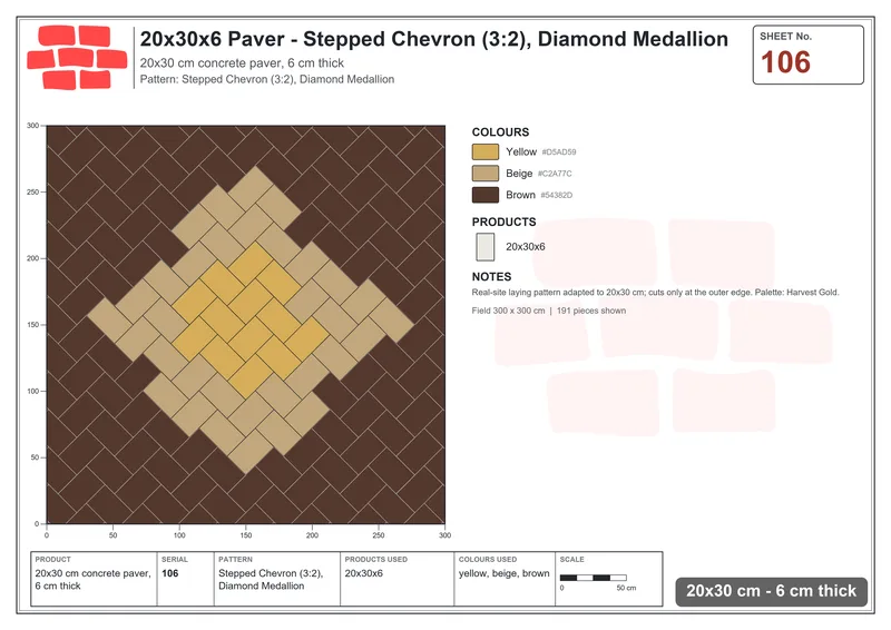Interlock (Pasco) 20x30 cm · RC23-106 · Stepped Chevron (3:2), Diamond Medallion · Laying plan Interlock (Pasco) 20x30 cm · RC23-106 · Stepped Chevron (3:2), Diamond Medallion · Laying plan