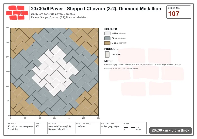 Interlock (Pasco) 20x30 cm · RC23-107 · Stepped Chevron (3:2), Diamond Medallion · Laying plan Interlock (Pasco) 20x30 cm · RC23-107 · Stepped Chevron (3:2), Diamond Medallion · Laying plan