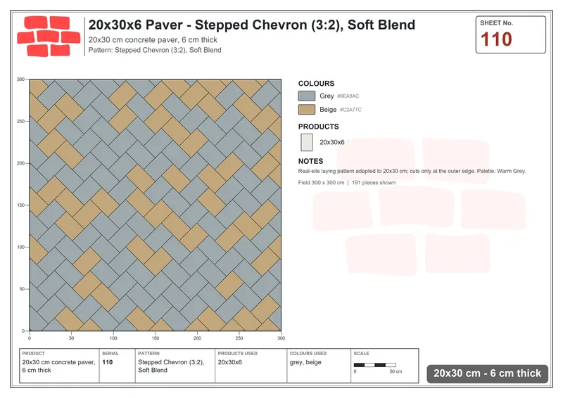 Interlock (Pasco) 20x30 cm · RC23-110 · Stepped Chevron (3:2), Soft Blend · Laying plan Interlock (Pasco) 20x30 cm · RC23-110 · Stepped Chevron (3:2), Soft Blend · Laying plan