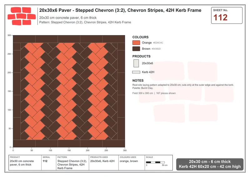 Interlock (Pasco) 20x30 cm · RC23-112 · Stepped Chevron (3:2), Chevron Stripes, 42H Kerb Frame · Laying plan Interlock (Pasco) 20x30 cm · RC23-112 · Stepped Chevron (3:2), Chevron Stripes, 42H Kerb Frame · Laying plan