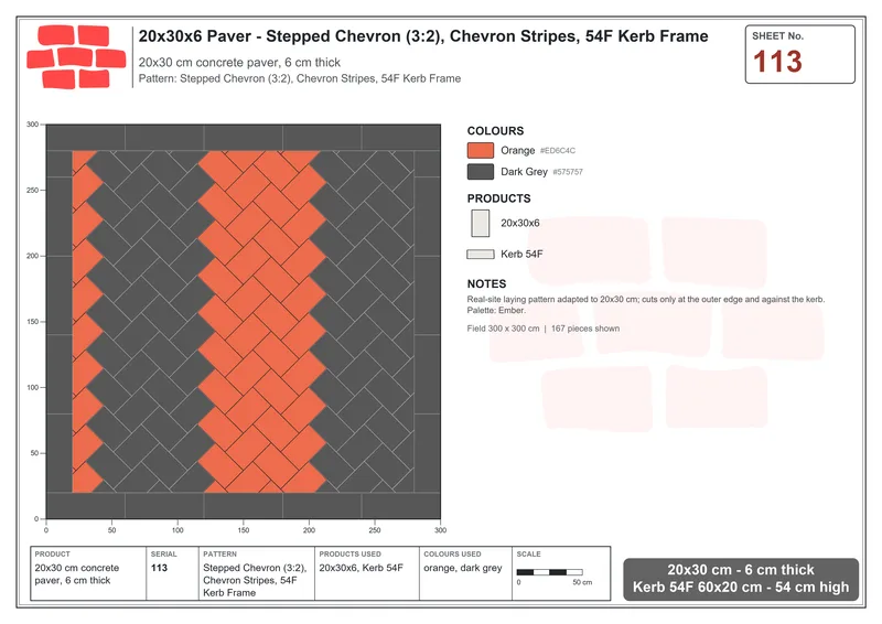 Interlock (Pasco) 20x30 cm · RC23-113 · Stepped Chevron (3:2), Chevron Stripes, 54F Kerb Frame · Laying plan Interlock (Pasco) 20x30 cm · RC23-113 · Stepped Chevron (3:2), Chevron Stripes, 54F Kerb Frame · Laying plan