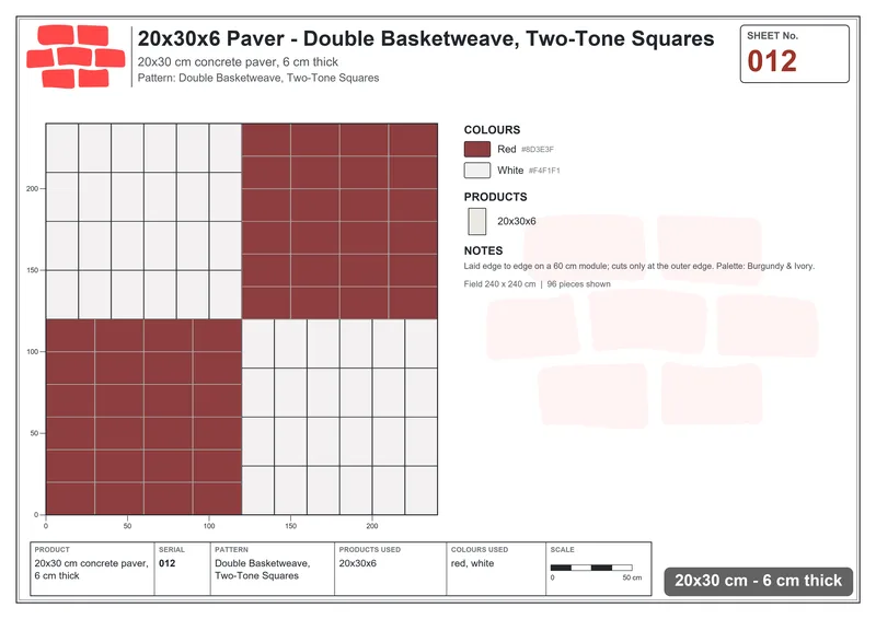 Interlock (Pasco) 20x30 cm · RC23-12 · Double Basketweave, Two-Tone Squares · Laying plan Interlock (Pasco) 20x30 cm · RC23-12 · Double Basketweave, Two-Tone Squares · Laying plan