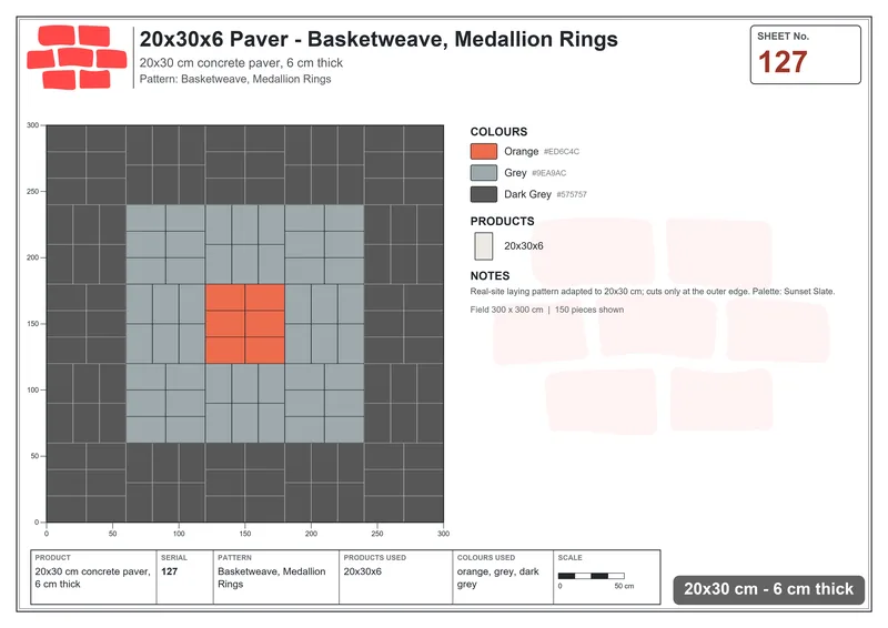Interlock (Pasco) 20x30 cm · RC23-127 · Basketweave, Medallion Rings · Laying plan Interlock (Pasco) 20x30 cm · RC23-127 · Basketweave, Medallion Rings · Laying plan