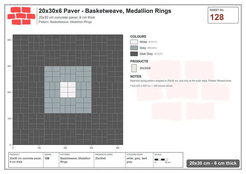 Interlock (Pasco) 20x30 cm · RC23-128 · Basketweave, Medallion Rings · Laying plan Interlock (Pasco) 20x30 cm · RC23-128 · Basketweave, Medallion Rings · Laying plan
