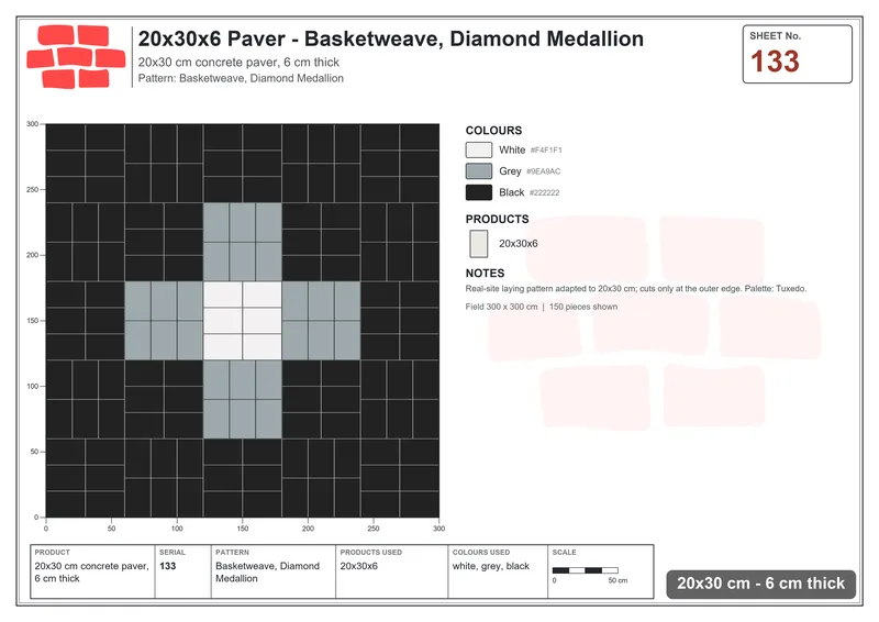 Interlock (Pasco) 20x30 cm · RC23-133 · Basketweave, Diamond Medallion · Laying plan Interlock (Pasco) 20x30 cm · RC23-133 · Basketweave, Diamond Medallion · Laying plan