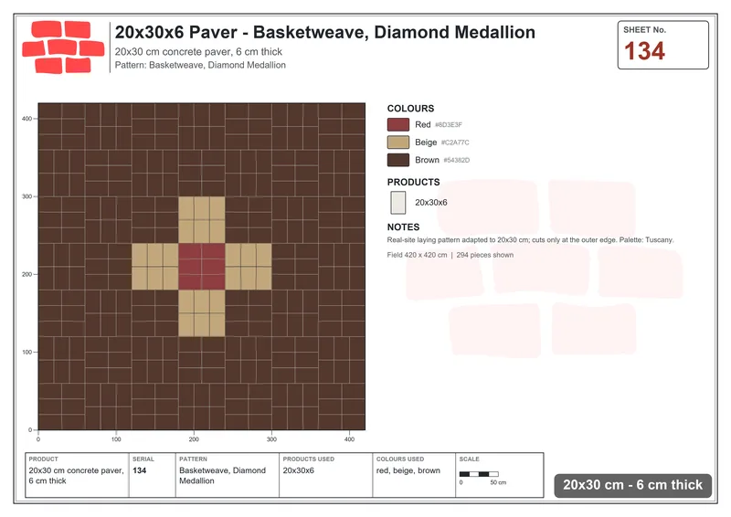 Interlock (Pasco) 20x30 cm · RC23-134 · Basketweave, Diamond Medallion · Laying plan Interlock (Pasco) 20x30 cm · RC23-134 · Basketweave, Diamond Medallion · Laying plan