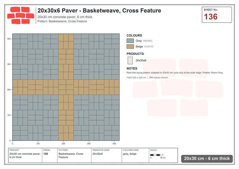 Interlock (Pasco) 20x30 cm · RC23-136 · Basketweave, Cross Feature · Laying plan Interlock (Pasco) 20x30 cm · RC23-136 · Basketweave, Cross Feature · Laying plan