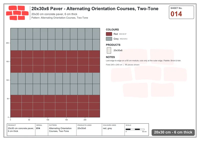 Interlock (Pasco) 20x30 cm · RC23-14 · Alternating Orientation Courses, Two-Tone · Laying plan Interlock (Pasco) 20x30 cm · RC23-14 · Alternating Orientation Courses, Two-Tone · Laying plan