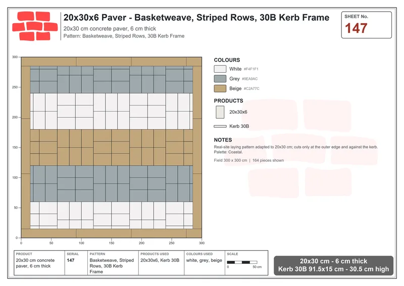 Interlock (Pasco) 20x30 cm · RC23-147 · Basketweave, Striped Rows, 30B Kerb Frame · Laying plan Interlock (Pasco) 20x30 cm · RC23-147 · Basketweave, Striped Rows, 30B Kerb Frame · Laying plan