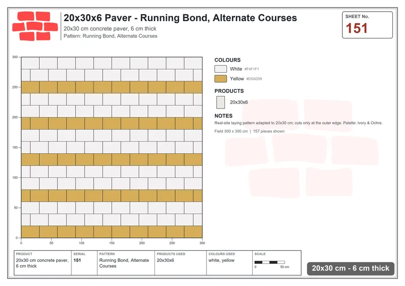 Interlock (Pasco) 20x30 cm · RC23-151 · Running Bond, Alternate Courses · Laying plan Interlock (Pasco) 20x30 cm · RC23-151 · Running Bond, Alternate Courses · Laying plan