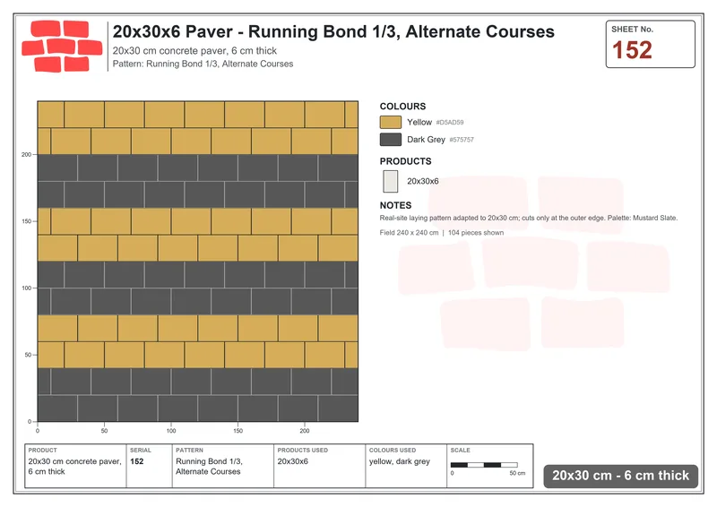 Interlock (Pasco) 20x30 cm · RC23-152 · Running Bond 1/3, Alternate Courses · Laying plan Interlock (Pasco) 20x30 cm · RC23-152 · Running Bond 1/3, Alternate Courses · Laying plan