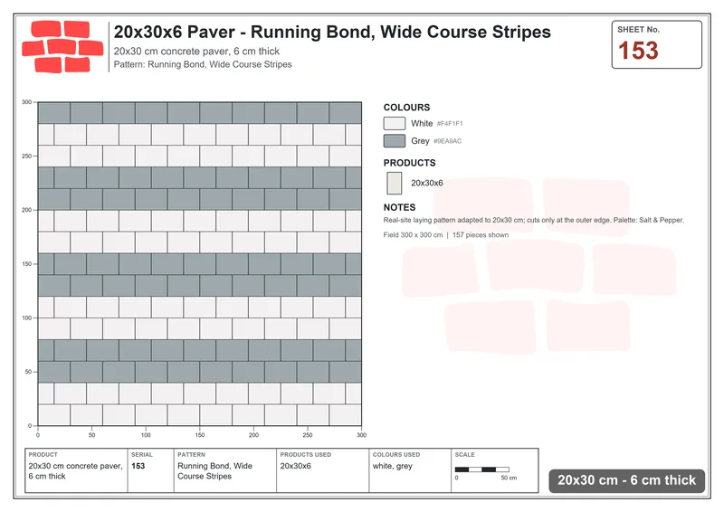 Interlock (Pasco) 20x30 cm · RC23-153 · Running Bond, Wide Course Stripes · Laying plan Interlock (Pasco) 20x30 cm · RC23-153 · Running Bond, Wide Course Stripes · Laying plan
