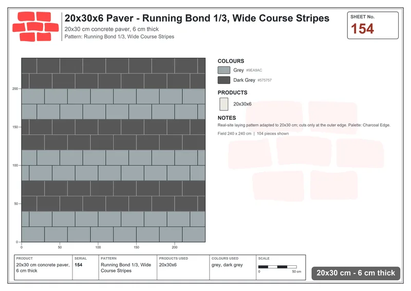 Interlock (Pasco) 20x30 cm · RC23-154 · Running Bond 1/3, Wide Course Stripes · Laying plan Interlock (Pasco) 20x30 cm · RC23-154 · Running Bond 1/3, Wide Course Stripes · Laying plan