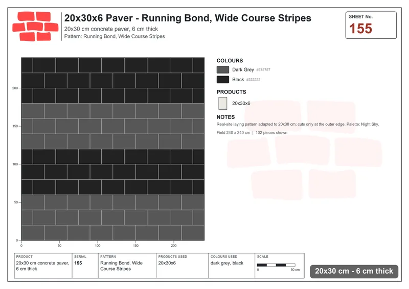 Interlock (Pasco) 20x30 cm · RC23-155 · Running Bond, Wide Course Stripes · Laying plan Interlock (Pasco) 20x30 cm · RC23-155 · Running Bond, Wide Course Stripes · Laying plan