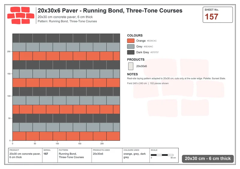 Interlock (Pasco) 20x30 cm · RC23-157 · Running Bond, Three-Tone Courses · Laying plan Interlock (Pasco) 20x30 cm · RC23-157 · Running Bond, Three-Tone Courses · Laying plan