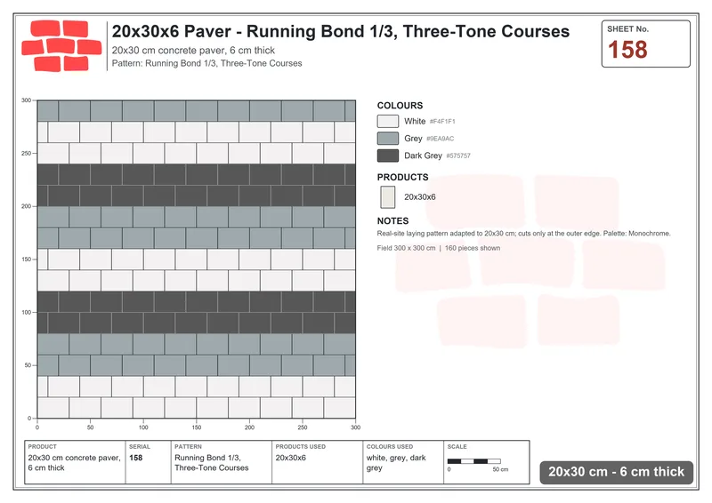 Interlock (Pasco) 20x30 cm · RC23-158 · Running Bond 1/3, Three-Tone Courses · Laying plan Interlock (Pasco) 20x30 cm · RC23-158 · Running Bond 1/3, Three-Tone Courses · Laying plan