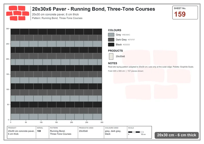 Interlock (Pasco) 20x30 cm · RC23-159 · Running Bond, Three-Tone Courses · Laying plan Interlock (Pasco) 20x30 cm · RC23-159 · Running Bond, Three-Tone Courses · Laying plan