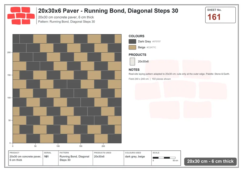 Interlock (Pasco) 20x30 cm · RC23-161 · Running Bond, Diagonal Steps 30 · Laying plan Interlock (Pasco) 20x30 cm · RC23-161 · Running Bond, Diagonal Steps 30 · Laying plan