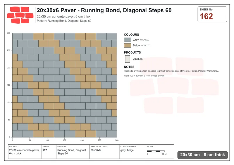 Interlock (Pasco) 20x30 cm · RC23-162 · Running Bond, Diagonal Steps 60 · Laying plan Interlock (Pasco) 20x30 cm · RC23-162 · Running Bond, Diagonal Steps 60 · Laying plan