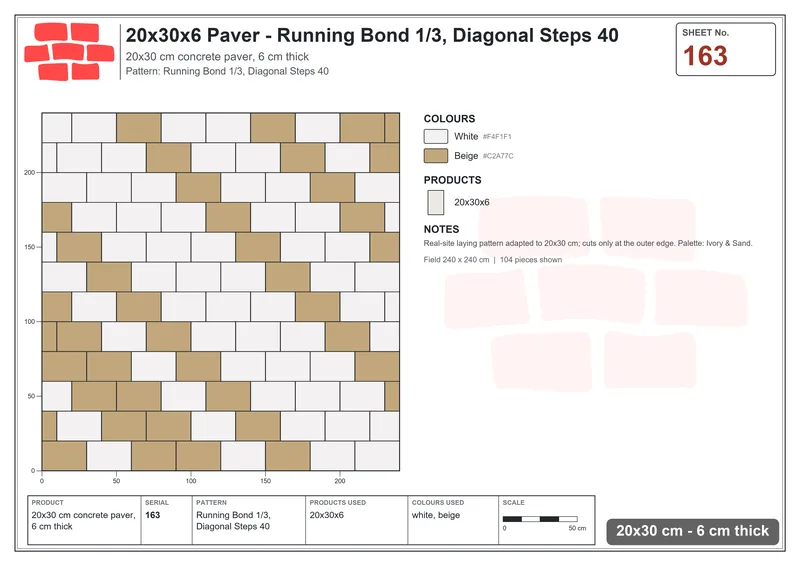 Interlock (Pasco) 20x30 cm · RC23-163 · Running Bond 1/3, Diagonal Steps 40 · Laying plan Interlock (Pasco) 20x30 cm · RC23-163 · Running Bond 1/3, Diagonal Steps 40 · Laying plan
