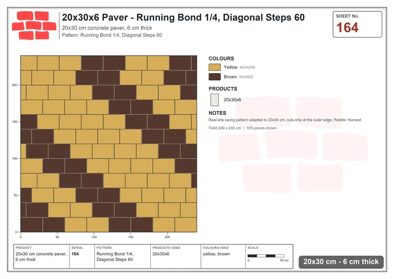 Interlock (Pasco) 20x30 cm · RC23-164 · Running Bond 1/4, Diagonal Steps 60 · Laying plan Interlock (Pasco) 20x30 cm · RC23-164 · Running Bond 1/4, Diagonal Steps 60 · Laying plan
