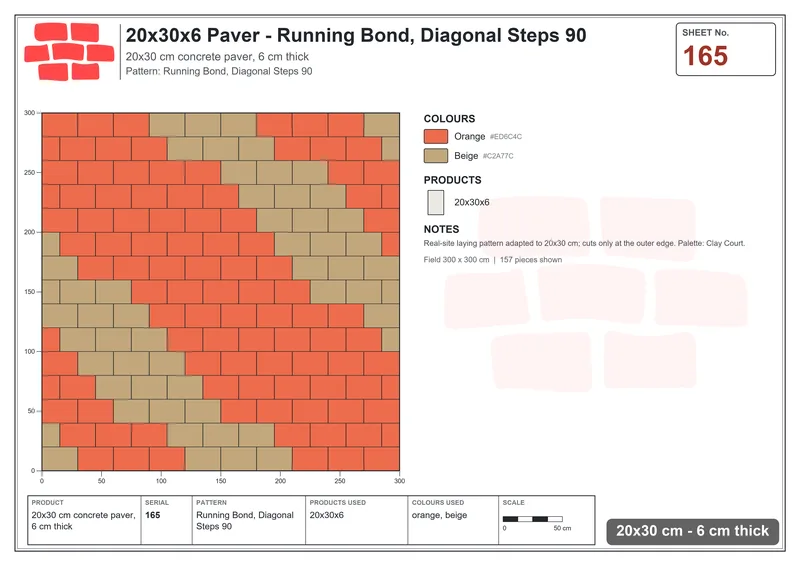 Interlock (Pasco) 20x30 cm · RC23-165 · Running Bond, Diagonal Steps 90 · Laying plan Interlock (Pasco) 20x30 cm · RC23-165 · Running Bond, Diagonal Steps 90 · Laying plan