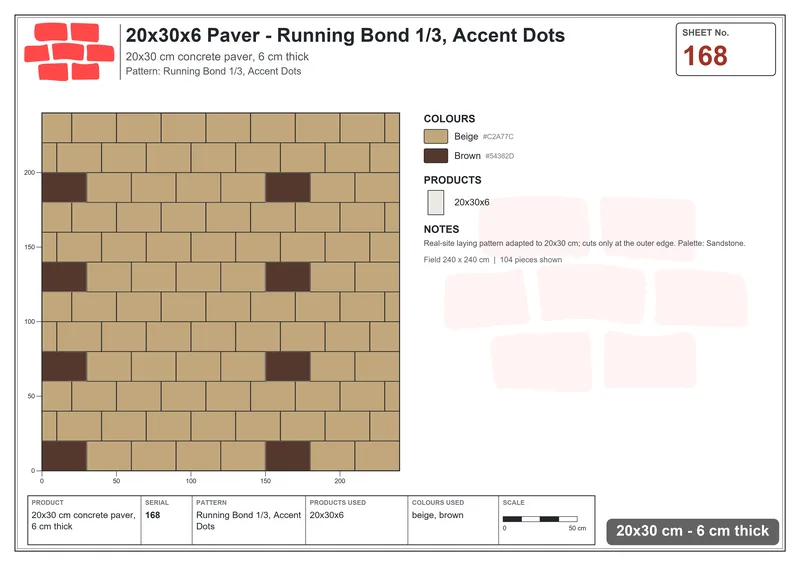 Interlock (Pasco) 20x30 cm · RC23-168 · Running Bond 1/3, Accent Dots · Laying plan Interlock (Pasco) 20x30 cm · RC23-168 · Running Bond 1/3, Accent Dots · Laying plan