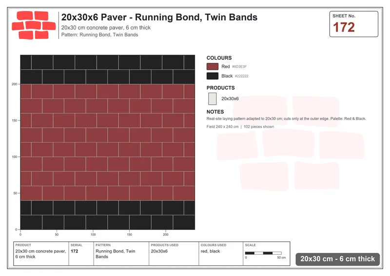 Interlock (Pasco) 20x30 cm · RC23-172 · Running Bond, Twin Bands · Laying plan Interlock (Pasco) 20x30 cm · RC23-172 · Running Bond, Twin Bands · Laying plan