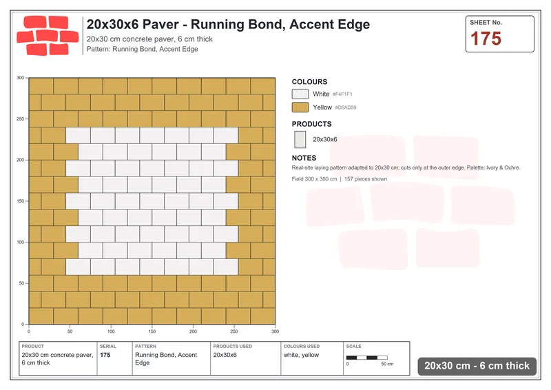 Interlock (Pasco) 20x30 cm · RC23-175 · Running Bond, Accent Edge · Laying plan Interlock (Pasco) 20x30 cm · RC23-175 · Running Bond, Accent Edge · Laying plan
