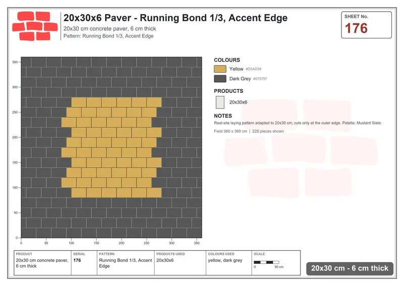 Interlock (Pasco) 20x30 cm · RC23-176 · Running Bond 1/3, Accent Edge · Laying plan Interlock (Pasco) 20x30 cm · RC23-176 · Running Bond 1/3, Accent Edge · Laying plan