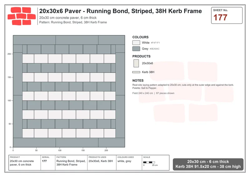 Interlock (Pasco) 20x30 cm · RC23-177 · Running Bond, Striped, 38H Kerb Frame · Laying plan Interlock (Pasco) 20x30 cm · RC23-177 · Running Bond, Striped, 38H Kerb Frame · Laying plan