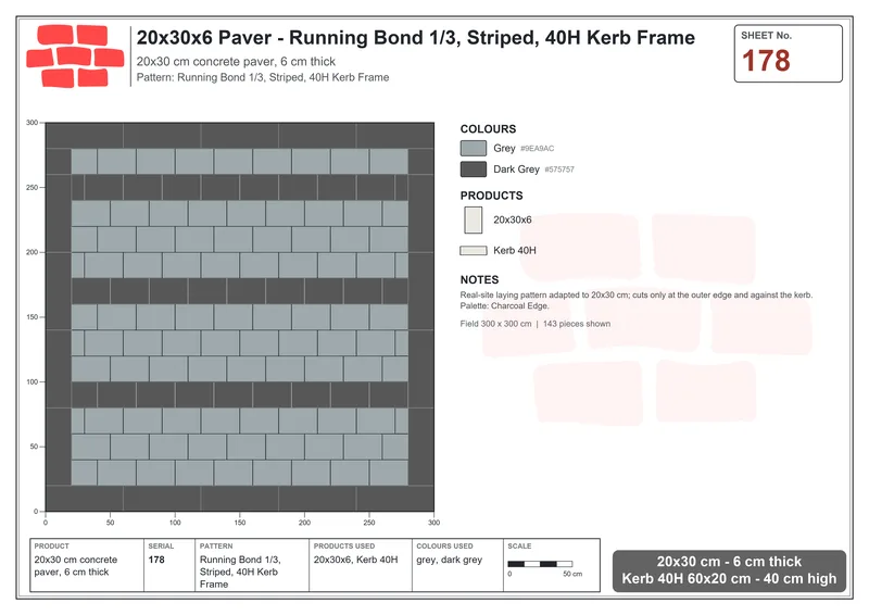 Interlock (Pasco) 20x30 cm · RC23-178 · Running Bond 1/3, Striped, 40H Kerb Frame · Laying plan Interlock (Pasco) 20x30 cm · RC23-178 · Running Bond 1/3, Striped, 40H Kerb Frame · Laying plan