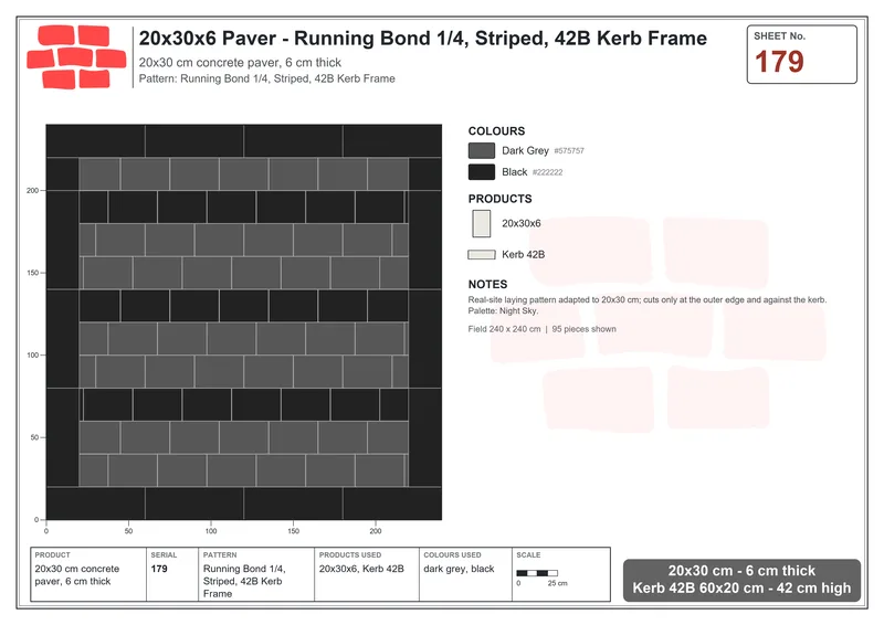 Interlock (Pasco) 20x30 cm · RC23-179 · Running Bond 1/4, Striped, 42B Kerb Frame · Laying plan Interlock (Pasco) 20x30 cm · RC23-179 · Running Bond 1/4, Striped, 42B Kerb Frame · Laying plan