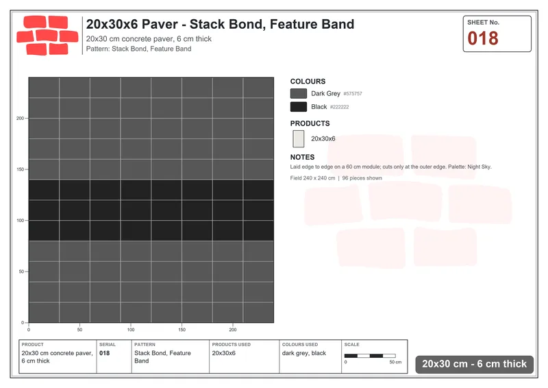Interlock (Pasco) 20x30 cm · RC23-18 · Stack Bond, Feature Band · Laying plan Interlock (Pasco) 20x30 cm · RC23-18 · Stack Bond, Feature Band · Laying plan