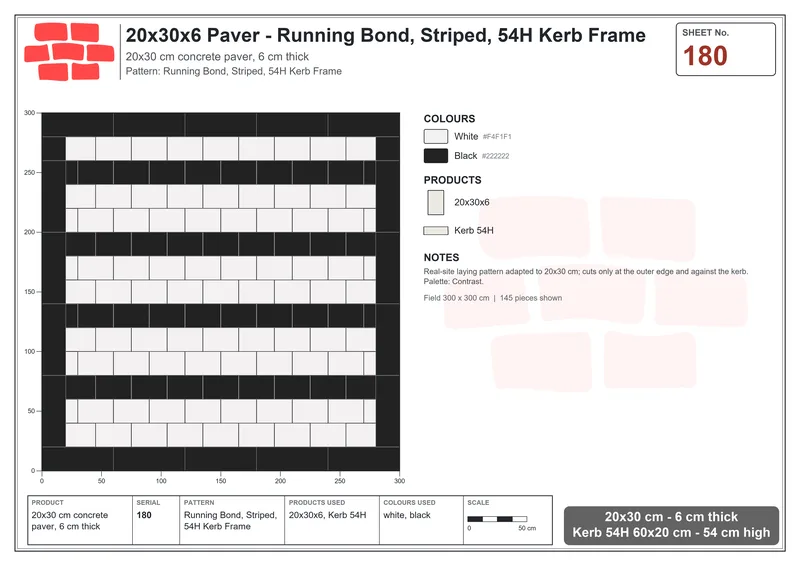 Interlock (Pasco) 20x30 cm · RC23-180 · Running Bond, Striped, 54H Kerb Frame · Laying plan Interlock (Pasco) 20x30 cm · RC23-180 · Running Bond, Striped, 54H Kerb Frame · Laying plan