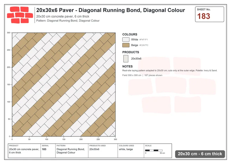 Interlock (Pasco) 20x30 cm · RC23-183 · Diagonal Running Bond, Diagonal Colour · Laying plan Interlock (Pasco) 20x30 cm · RC23-183 · Diagonal Running Bond, Diagonal Colour · Laying plan