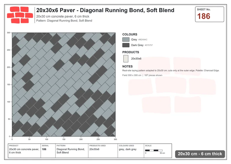 Interlock (Pasco) 20x30 cm · RC23-186 · Diagonal Running Bond, Soft Blend · Laying plan Interlock (Pasco) 20x30 cm · RC23-186 · Diagonal Running Bond, Soft Blend · Laying plan