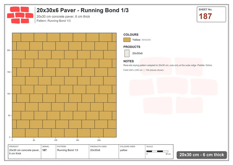 Interlock (Pasco) 20x30 cm · RC23-187 · Running Bond 1/3 · Laying plan Interlock (Pasco) 20x30 cm · RC23-187 · Running Bond 1/3 · Laying plan