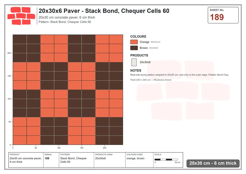 Interlock (Pasco) 20x30 cm · RC23-189 · Stack Bond, Chequer Cells 60 · Laying plan Interlock (Pasco) 20x30 cm · RC23-189 · Stack Bond, Chequer Cells 60 · Laying plan