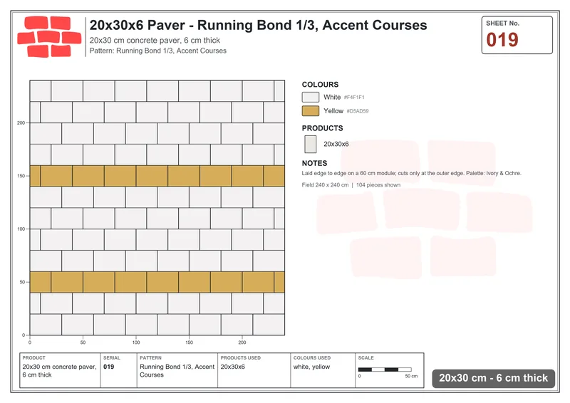 Interlock (Pasco) 20x30 cm · RC23-19 · Running Bond 1/3, Accent Courses · Laying plan Interlock (Pasco) 20x30 cm · RC23-19 · Running Bond 1/3, Accent Courses · Laying plan